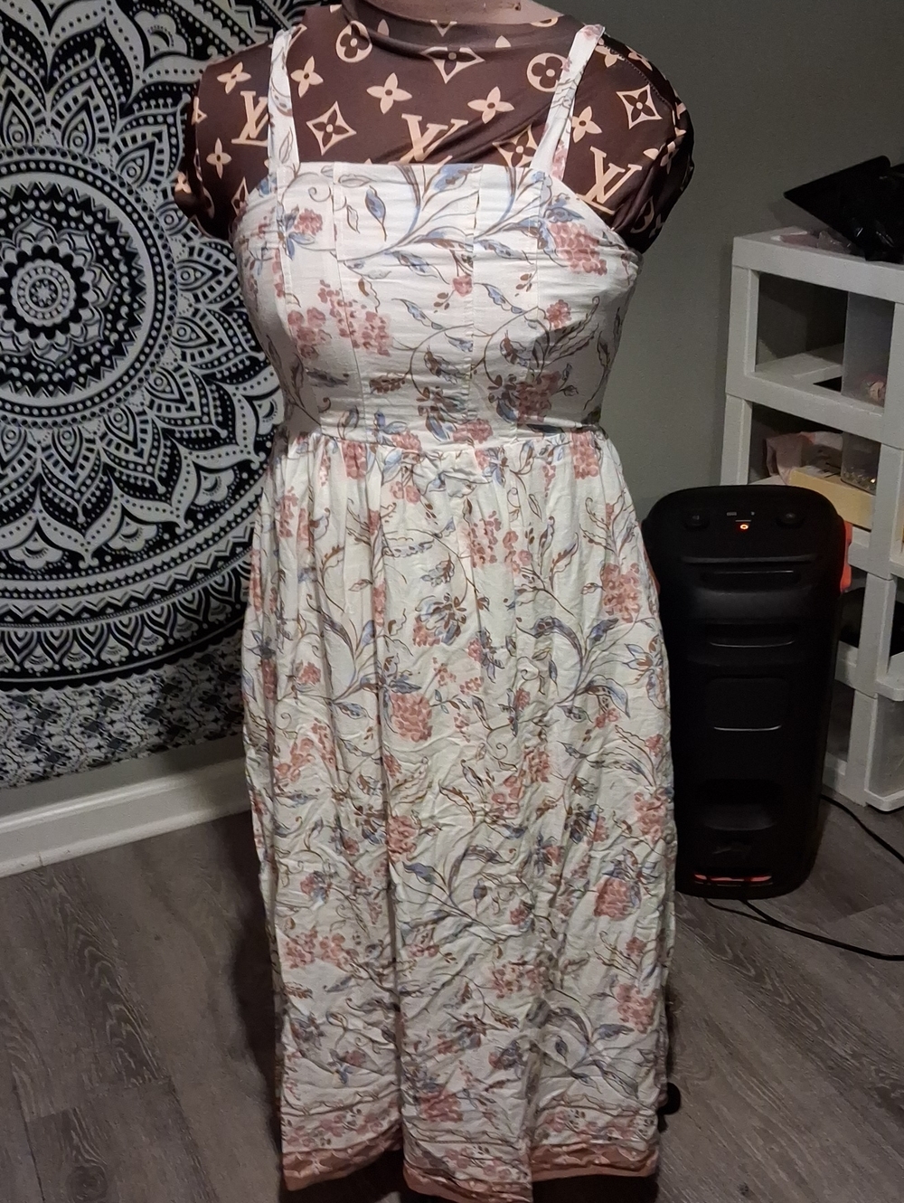 Maurices Cream Midi Dress with Pink and Blue Floral Pattern
